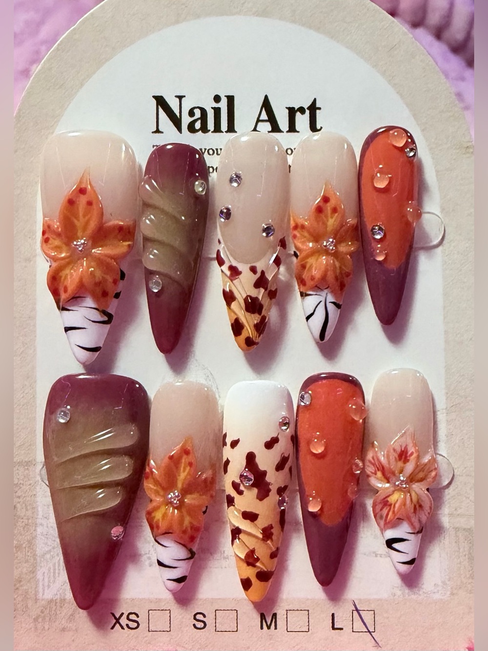 Handcrafted Autumn Floral Press-On Nails - Orange, Purple & Cream